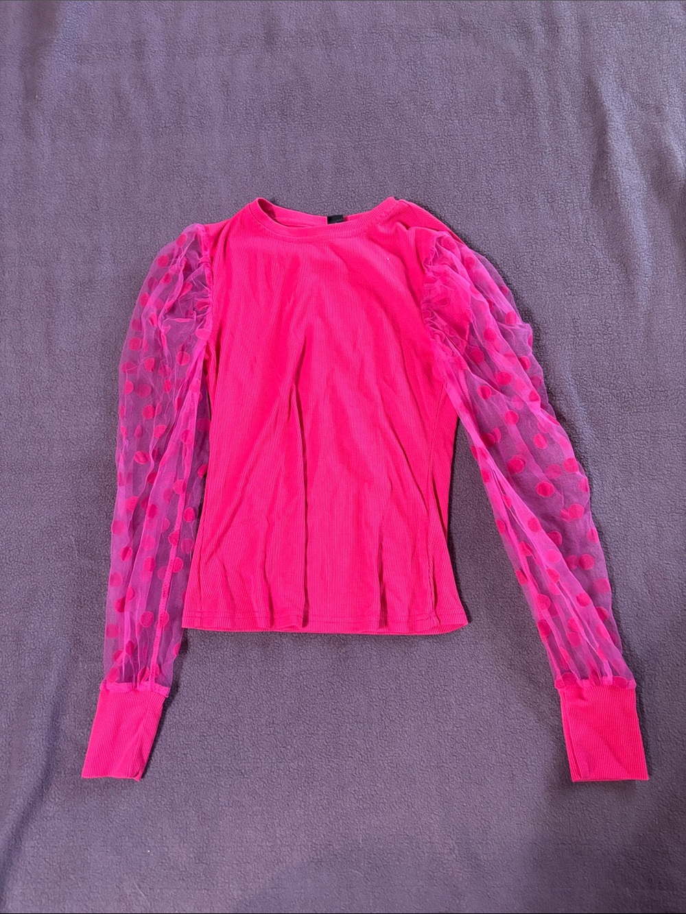 SHEIN Hot Pink Puff Polka Mesh Sleeve Long Sleeve Tee